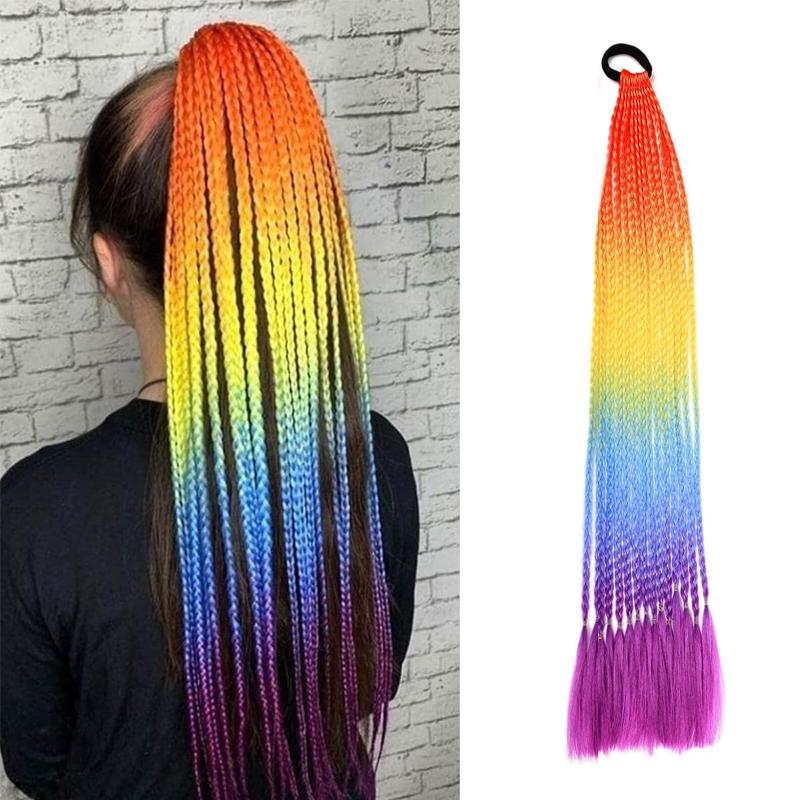Braided Ponytail Hair Extensions 24 Inch Colorful Box Braids with Rubber Bands Synthetic Hairpieces for Girl  Women Accessories Crazy Hair Day