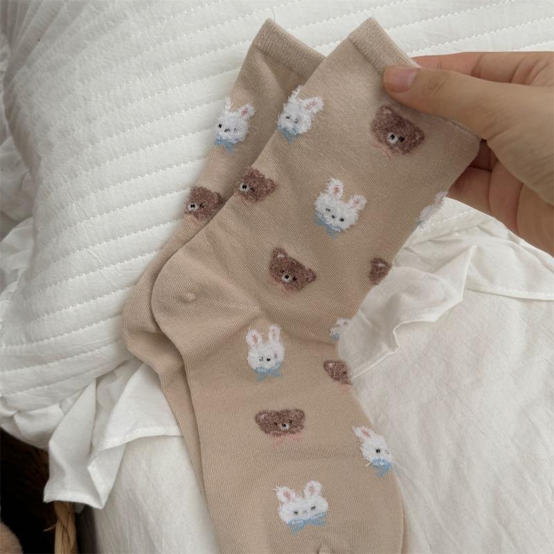 Cute Little Rabbit and Bear Mid-calf Socks, Girls' Cartoon Trendy Casual Cotton Socks, School Style Socks