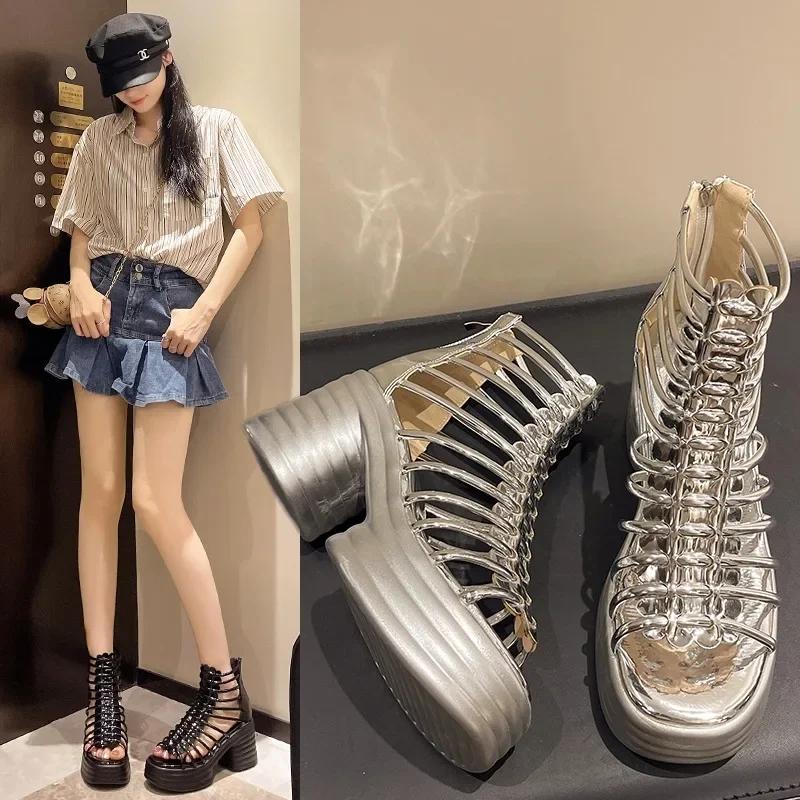 Women's Sandals Thick-soled Square Heel Heel Zipper Heel Wrap Shoes Women Daily Roman Fashion Dress All-match Sandalias De Mujer