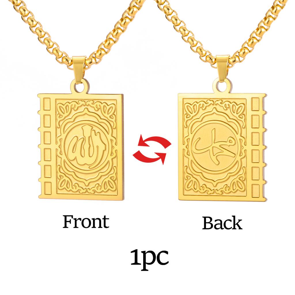 Islam Allah Symbol Necklace Stainless Steel Double Sided Amulet Allah Blessing Pendant for Women Men Party Jewelry Gifts