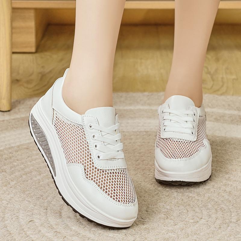 Women's Hole Sneakers Height Increase White Leather Platform Casual Summer Thick Sole Elevator Shake Shoes