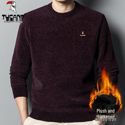 Woodpecker Men's Plus Velvet Long Sleeve Knit Sweater - Winter Chenille Solid for Middle-aged & Elderly