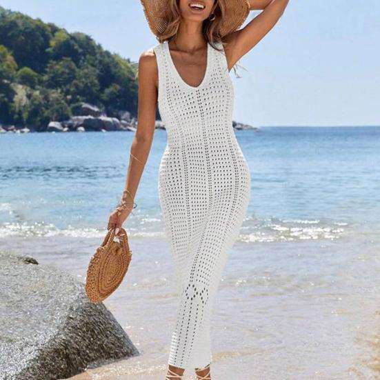 Dame Strand Cover Up Solkjole V-hals Heklet Hul Ut Maxi Kjole Strikket Justerbare Stropper Solbeskyttelse Strandklær