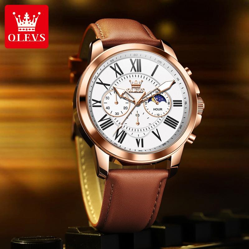 Men's Sports Timing Waterproof Luminous Moon Phase Quartz Watch Three Eye Dial Holiday Gift Business Watch