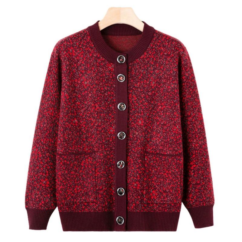 Middle-aged Knitted Sweater Jacket Autumn and Winter New Mother Floral Sweater Grandma Autumn Cardigan Top