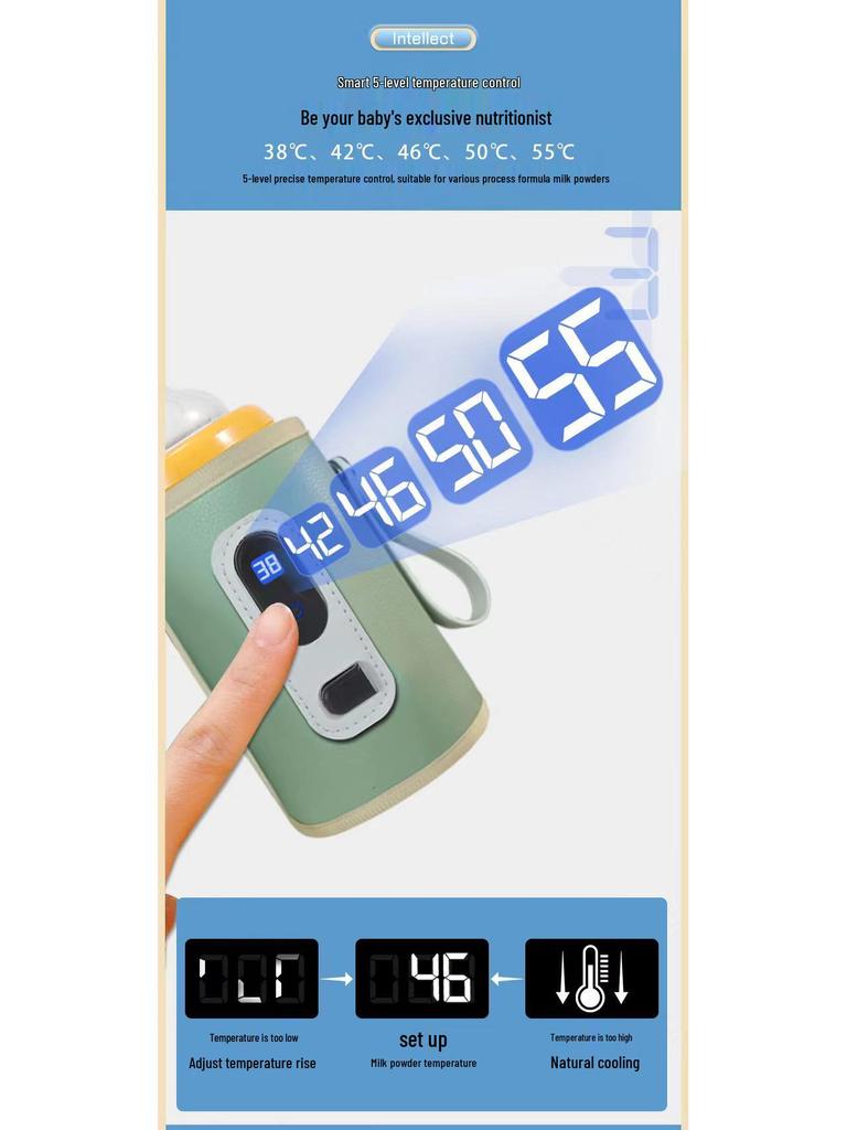 USB Portable Baby Bottle Warmer with Adjustable Temperature, Insulated Sleeve, and Digital Display.