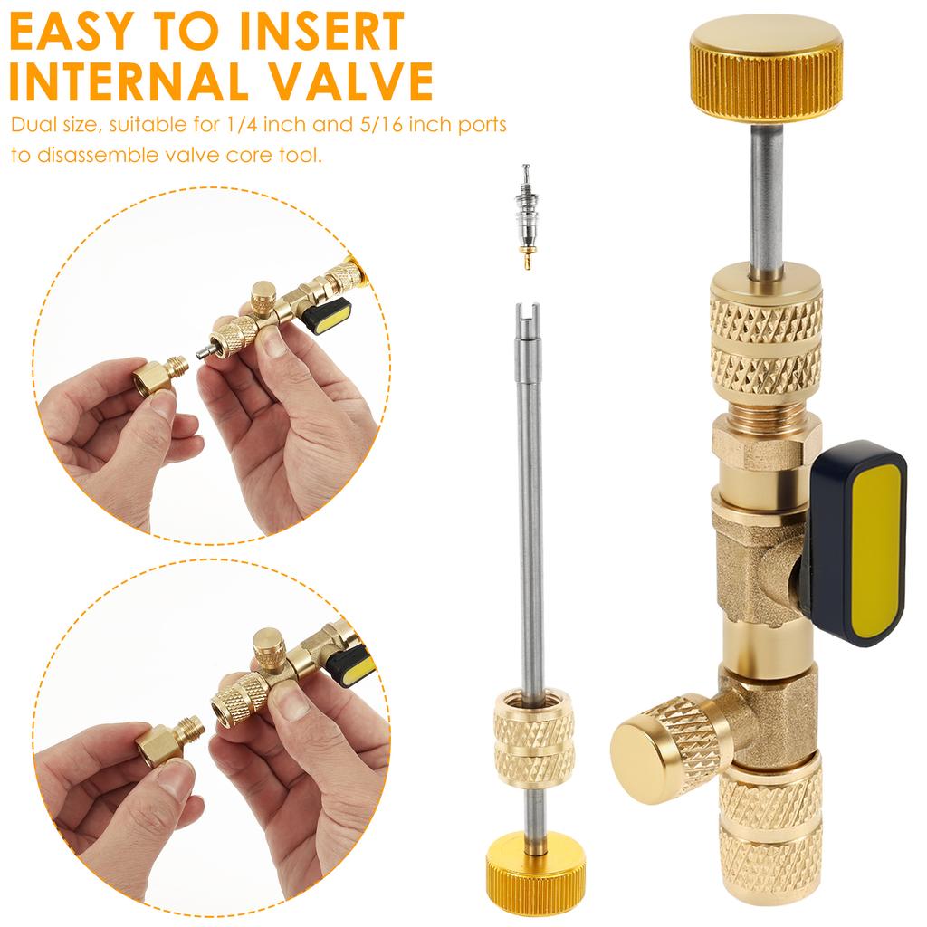 Valve Core Remover Installer Tool with Dual Size 1/4 Inch and 5/16 Inch Port Air Conditioning Valve Core Removal Tool Wrench