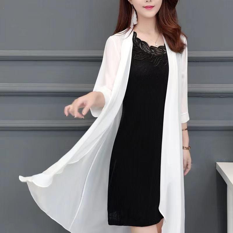 Women's Plus Size Chiffon Cardigan Trench Coat: Mid-Length, Versatile Spring/Summer Shawl for Middle-Aged & Elderly with Sun Protection.