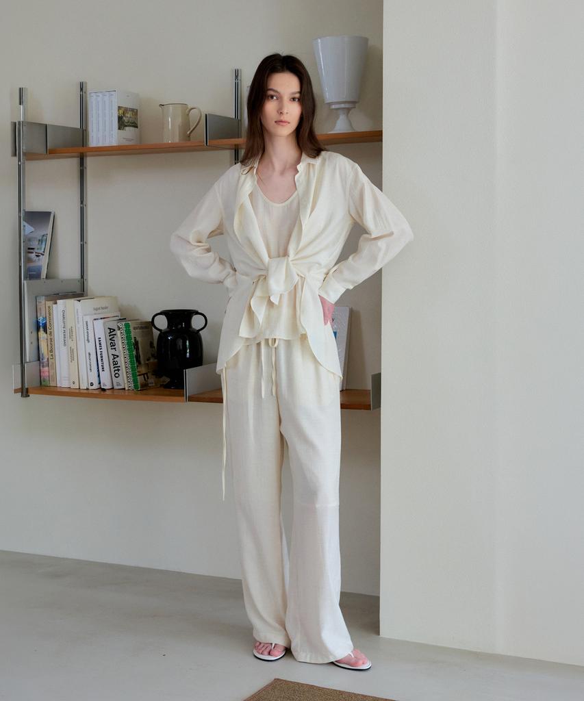 THEELO Airy Linen Blend Elastic Waist Pants (Cream)
