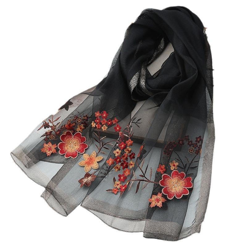 Four Season silk wool scarf women hijab pashmina shawls wrap Bandana Blanket Floral Pashmina Embroidery Scarves Foulard Fashion