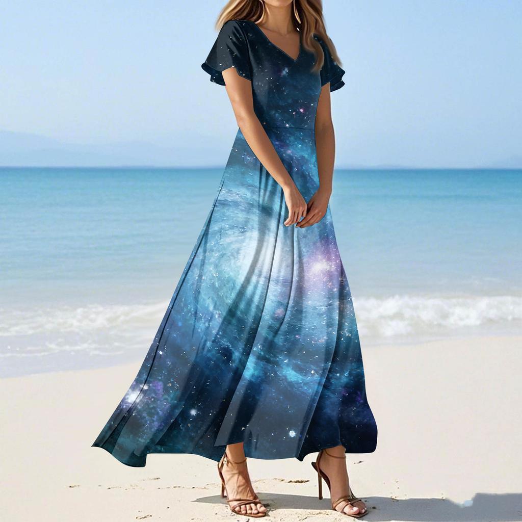 Women's Summer Casual Fashion -Print V-Neck Short-Sleeve Patchwork Dress