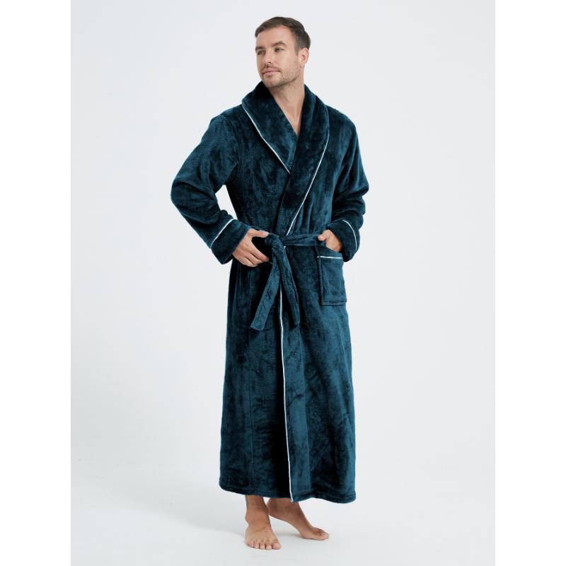 Men's Shawl Collar Robes Full Length Fleece Plush Bathrobes Soft Spa House Coat with Pockets Fluffy Spa Robes Winter Warm Flannel Long Robe for Men
