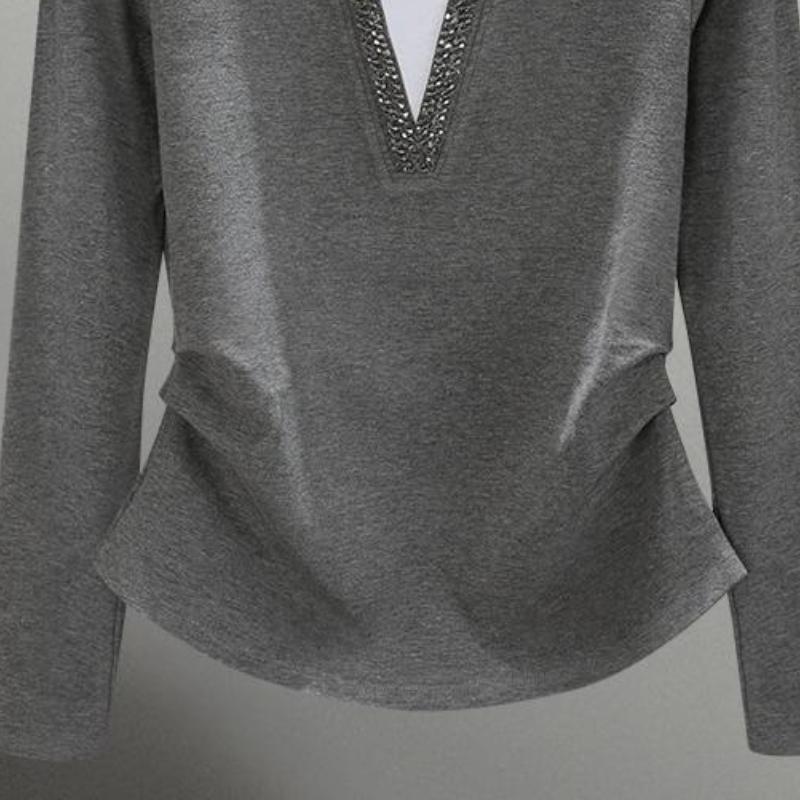 Autumn V-neck Long Sleeved T-shirt for Women High End Fashionable Design with A Cinched Waist and Slimming Top