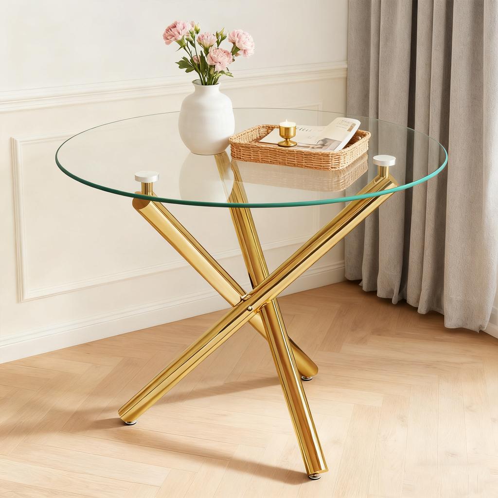 Round Dining Table with Tempered Glass Top and Gold-colored Legs, Coffee Table, Modern Minimalist Dining Table, 80 × 80 × 76 cm