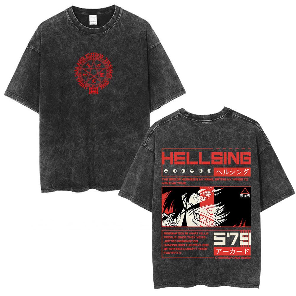 Anime Hellsing Alucard Cool Printing T Shirt Men Vintage Manga Tshirts Washed Cotton Tee Harajuku Male Casual Oversized T-shirt