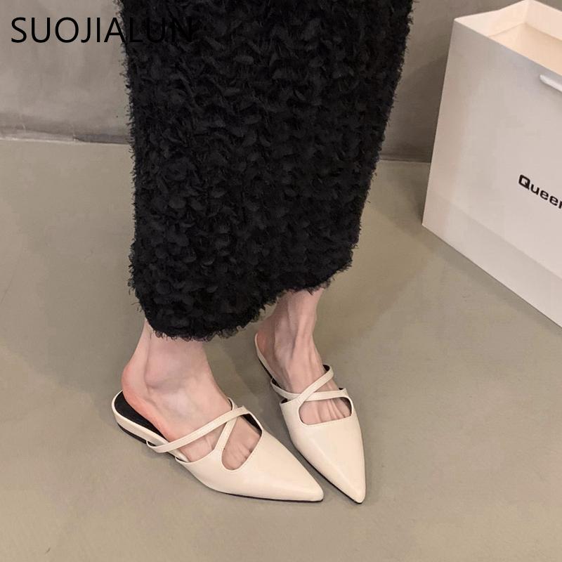 Fashion SUOJIALUN 2024 Summer New Women Flat Shoes Fashion Pointed Toe Slip On Mules Shoes Soft Flat Heel Outdoor Vaction Ladies Sandals