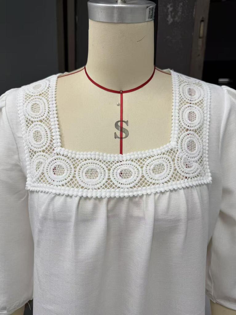 Summer Cotton Linen New Womens Top Solid Color Square Neck Lace Patchwork Threequarter Sleeves