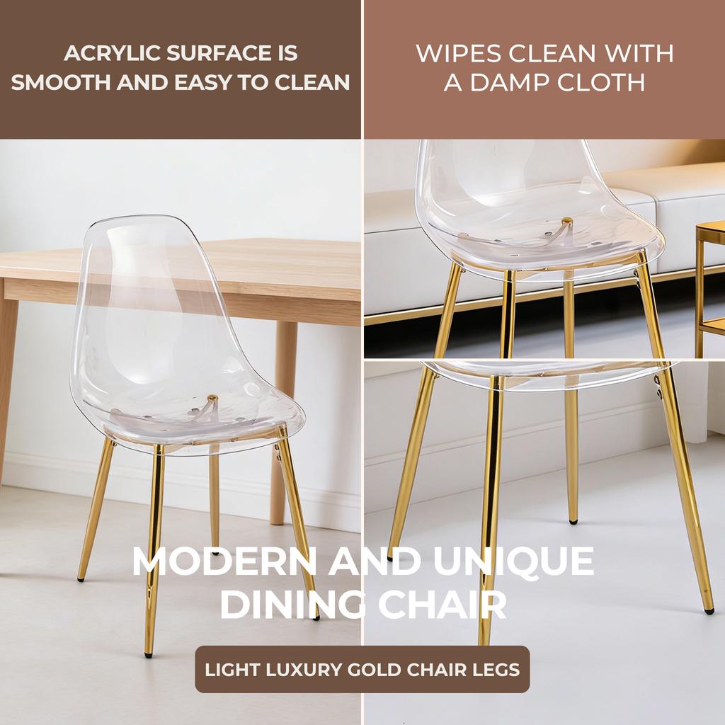 Clear Acrylic PET Spoon Chairs (Glam Gold Legs) - 4-Piece Set Modern Chic Dining Seats