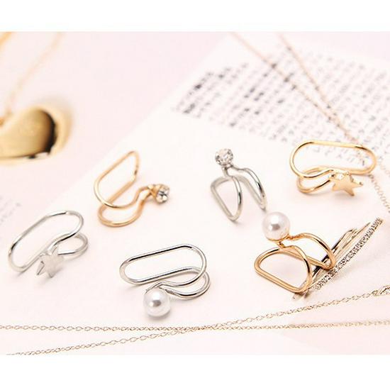 Korean Pearl and Diamond Star Ear Cuffs - U-Shaped Temperamental Stud Earrings