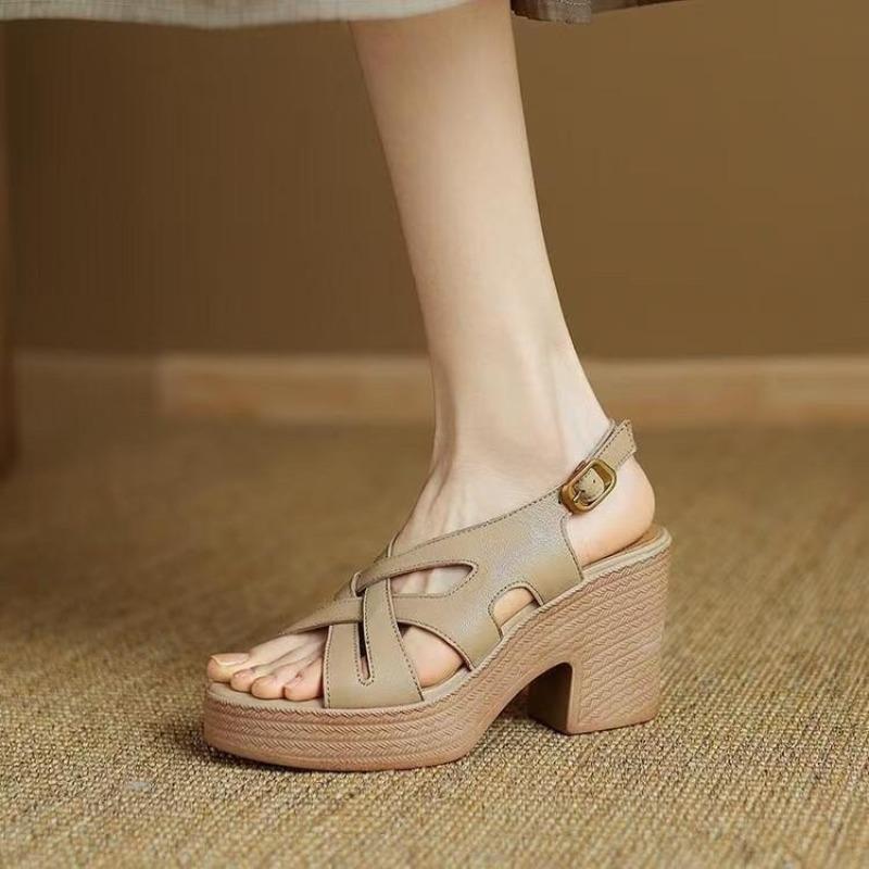 Fashion High-heeled Thick-soled Woven Sandals 2025 Summer Thick-heeled Slope Heel Open-toe Cross-strap Roman Women's Shoes