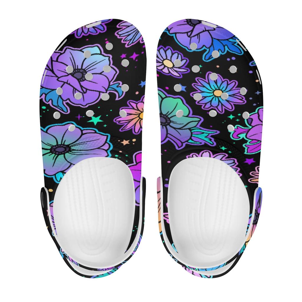 White EVA Clogs with Rainbow Skull Print, Lightweight Slip On Garden Shoes, Breathable Beach Sandals, Indoor Outdoor Slippers for Men Women