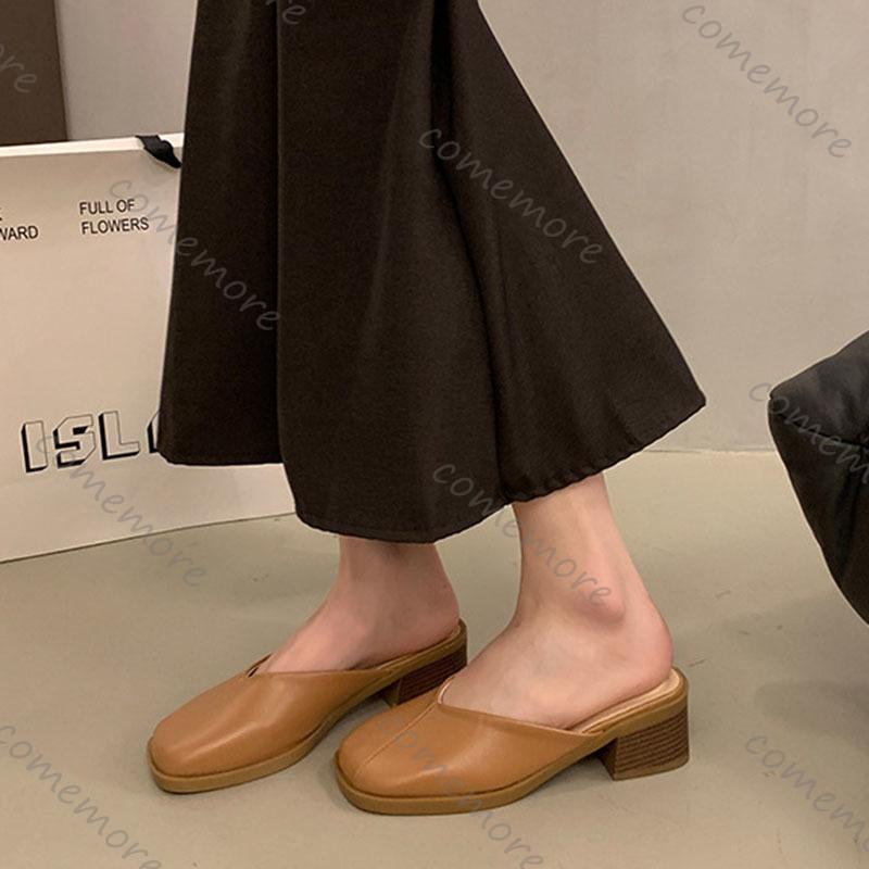 Fashion Comemore Woman Women Slip On Mules Baotou Slippers Casual Spring Summer Chunky High Heels Square Toe Solid Half Slipper Sandal
