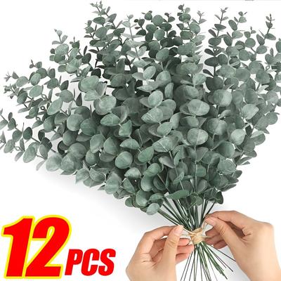 12/10 PIÈCES Bouquet de Feuilles d'Eucalyptus Branche Plantes Artificielles en Plastique Feuilles Tiges Vertes Mariage Faux Fausses Fleurs Gâteau Décoration DIY