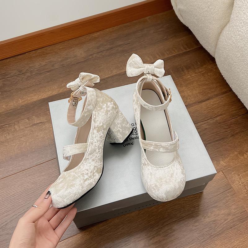 2024 Nœud Mary Jane Escarpins Femme Chaussures Talons Hauts Épais Chaussures Féminines Lolita Bout Carré Chaussures Mode Printemps Fête Cuir Chaussures Femme