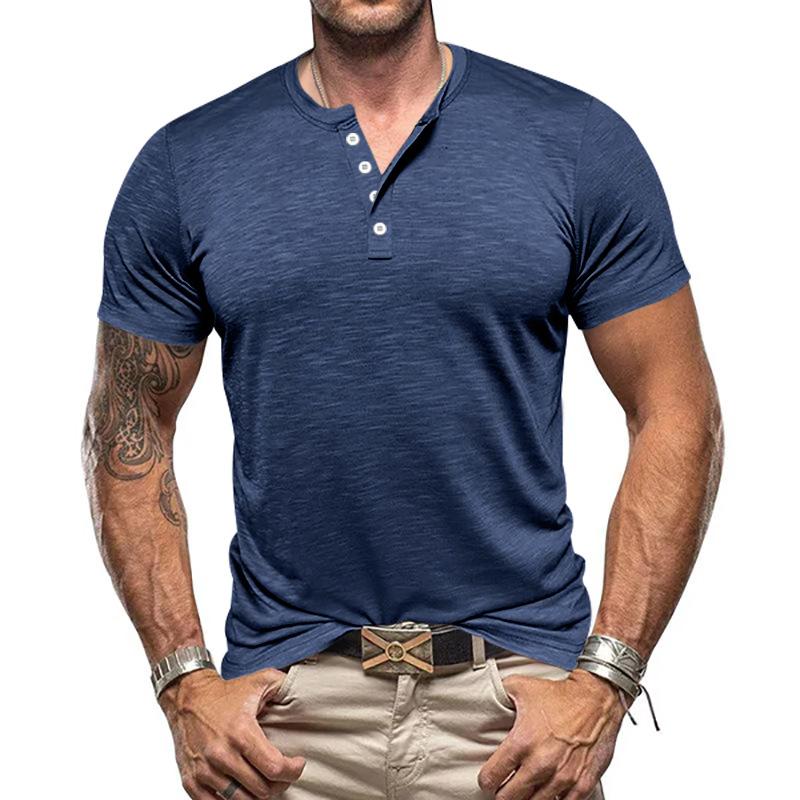 Summer New Men's Bamboo-joint Henley Button Casual Solid-color Large-sized Short-sleeved T-shirt