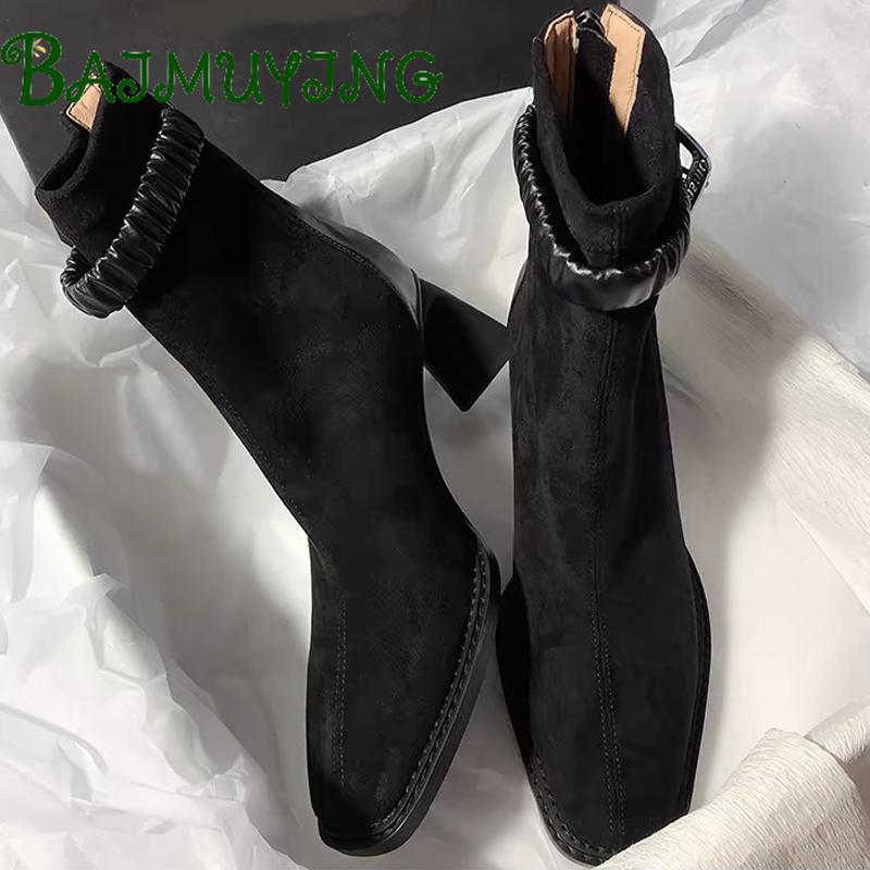 High Heels Square Toe Ankle Boots Women Shoes 2025 Trend Fashion Zipper Mature Office Boots New Elegant Pumps Prom Mujer Botas