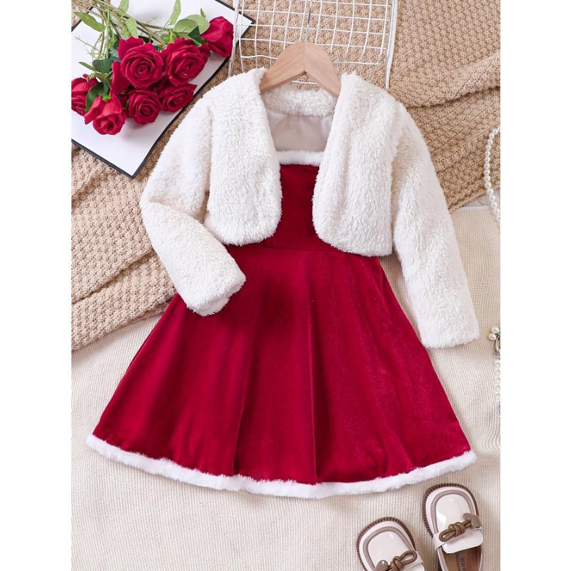 Girls' New Autumn and Winter Christmas Fashion Set Plush Jacket + Velvet Strap Skirt Two-piece, Perfect for Outdoor
