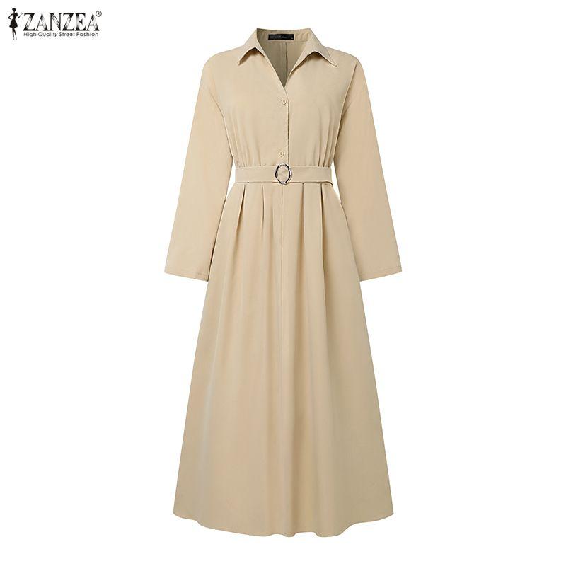 ZANZEA Women Turn Down Collar Loose Casual Long Sleeve Shirt Dress