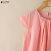 ZANZEA Women Casual Round Neck Solid Color Short Sleeve Cotton Blouse