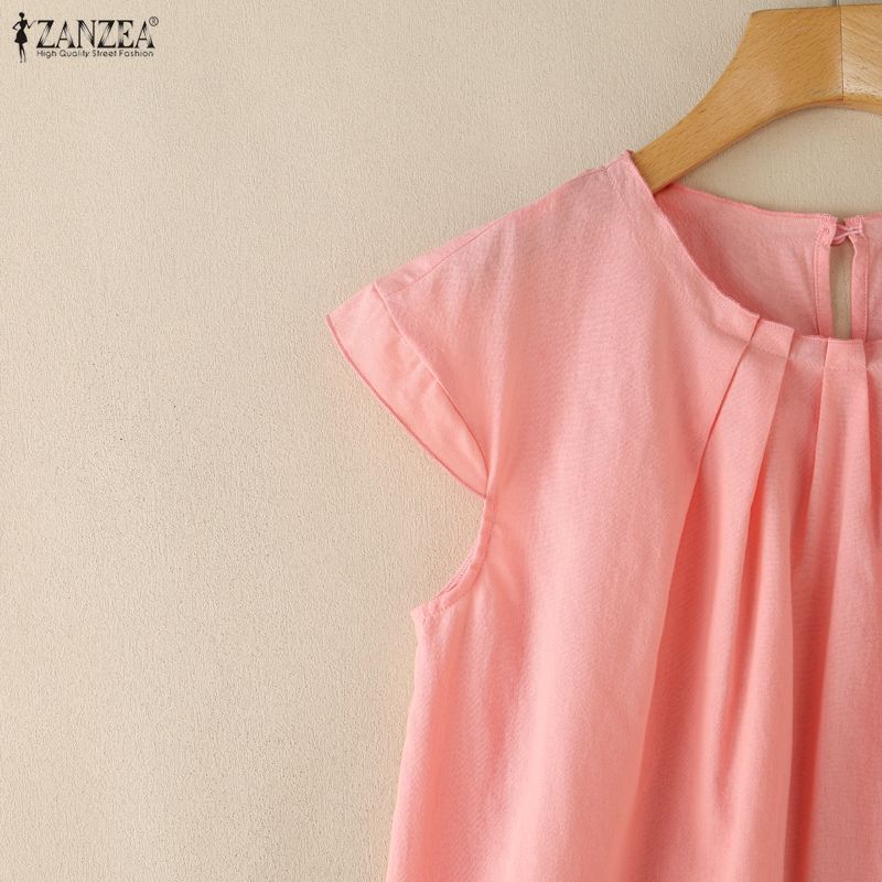 ZANZEA Women Casual Round Neck Solid Color Short Sleeve Cotton Blouse