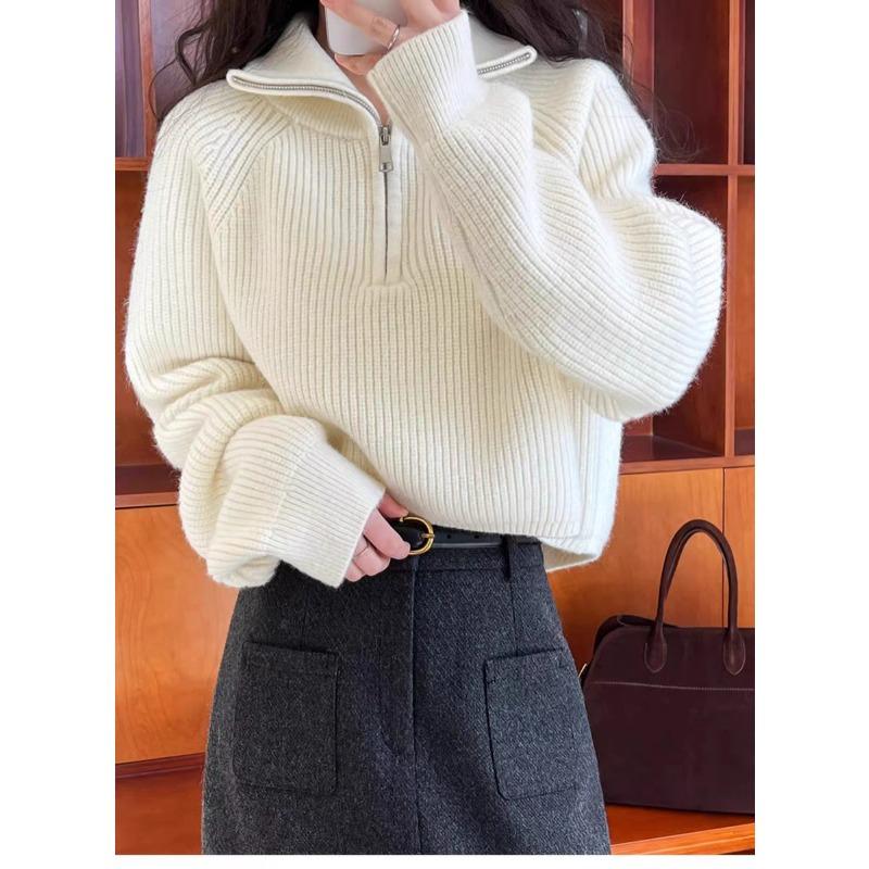 Fashion Autumn Winter Semi-turtleneck Zipper Women Knitted Sweater Long Sleeve Loose Short Tops New Solid Color Office Casual Simple Clothing