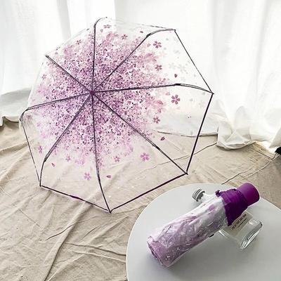 Umbrella Cute Mini Fresh and Three-Fold Japanese Cherry Blossom Transparent Umbrella, Rainproof and Windproof