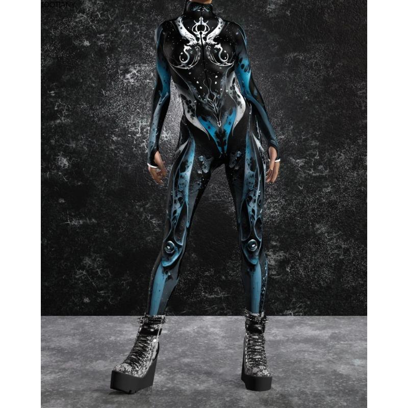 New Halloween Dark Symmetrical 3d Printed Jumpsuit Adult Sexy Skeleton Cosplay Bodysuit Party Stage Showing Catsuit Rave Outfits
