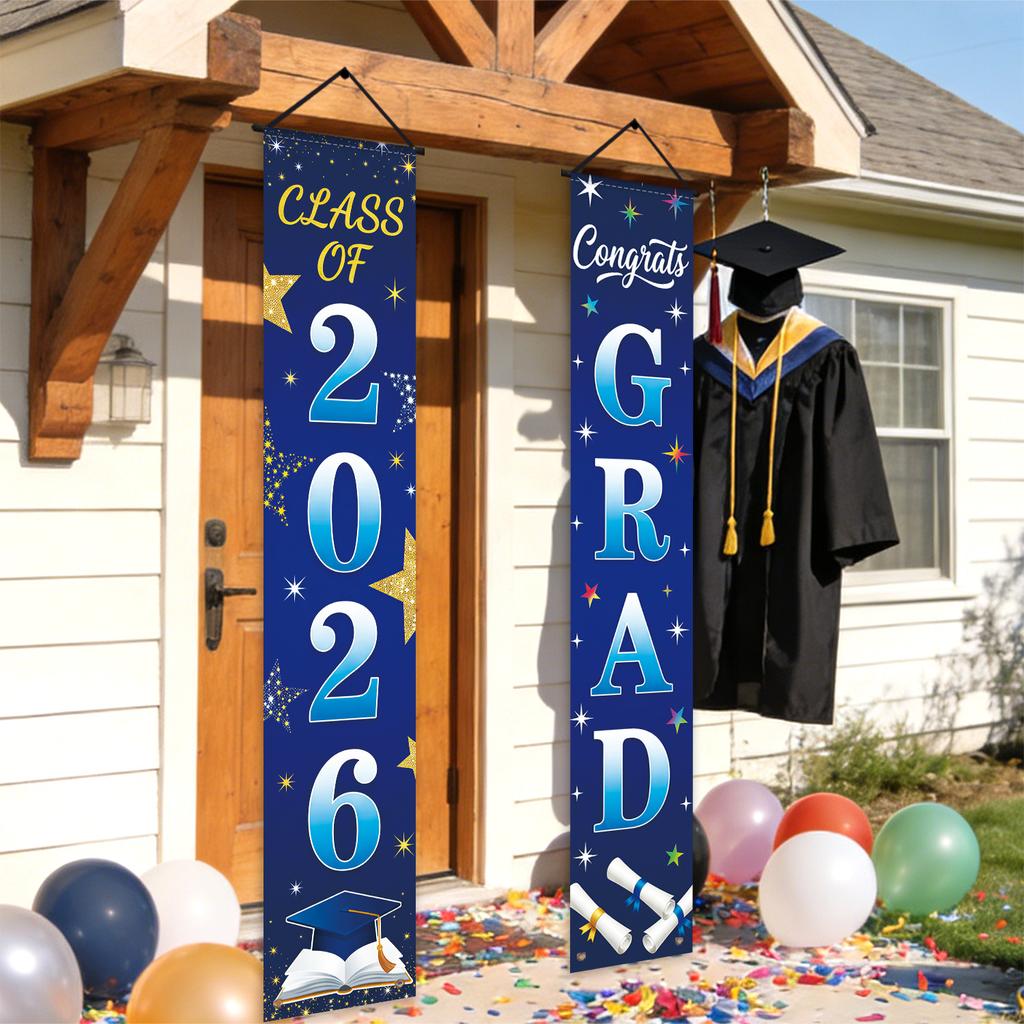 1 Set Polyester Graduation Door Banner Set Class of 2026 Pattern Hanging Porch Signs for Graduation Party Front Door Porch Decor