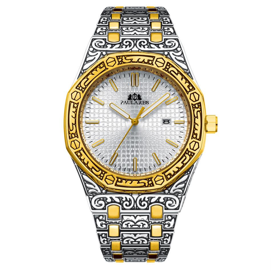 Paulareis Quartz Carved Oak Calendar Men's Luminous Watch