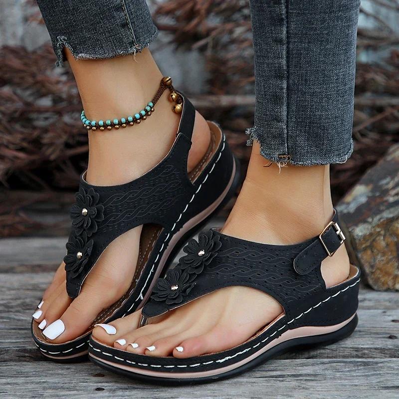 Fashion Flowers Decor Summer Womens Wedge Sandals Casual Clip Toe Platform Sandles Woman Comfortable Non Slip Rome Shoes Plus Size 43