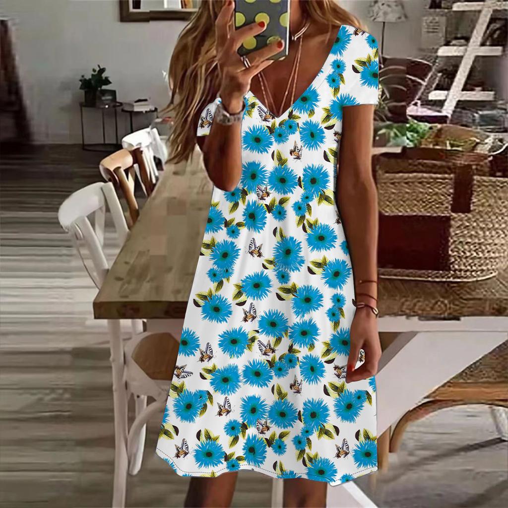 Summer Fashion Women's V Neck Short Sleeve Sunflower Printed  Dress Sex Short Skirt Dresses