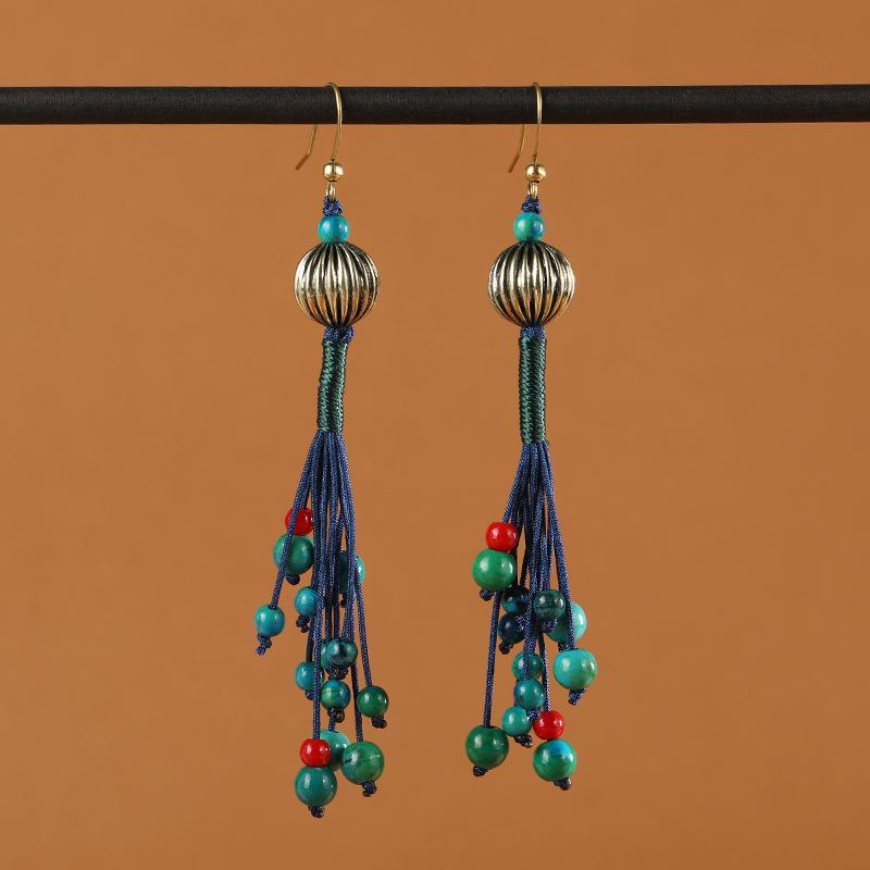 

Original hand-woven earrings, retro exaggerated long fringed earrings, women s red antique Hanfu earrings.