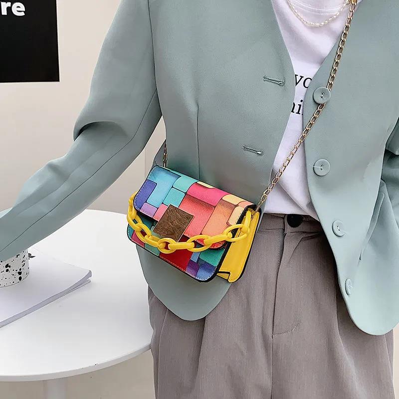 Women's Vintage Portable HandBag Versatile Single Shoulder Slant Across Bag Female Contrast Color Small Square Chain Bag