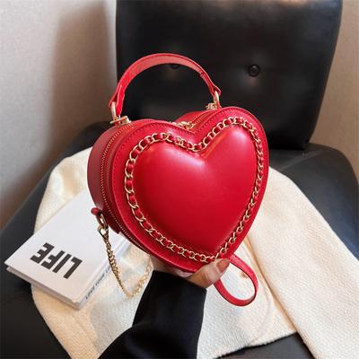 Rote Tasche in Liebesform für Damen, modisch, solide, neue Handtasche, vielseitige Umhängetasche mit Kette, Reißverschluss, Hochzeitstasche
