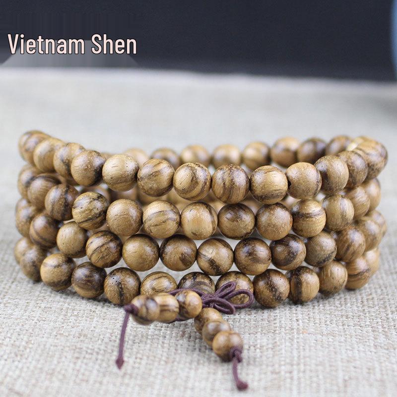 Golden Sandalwood Buddhist Prayer Beads Bracelet - 108 Beads, Wooden Wenwan Ornaments for Men, Women, Couples
