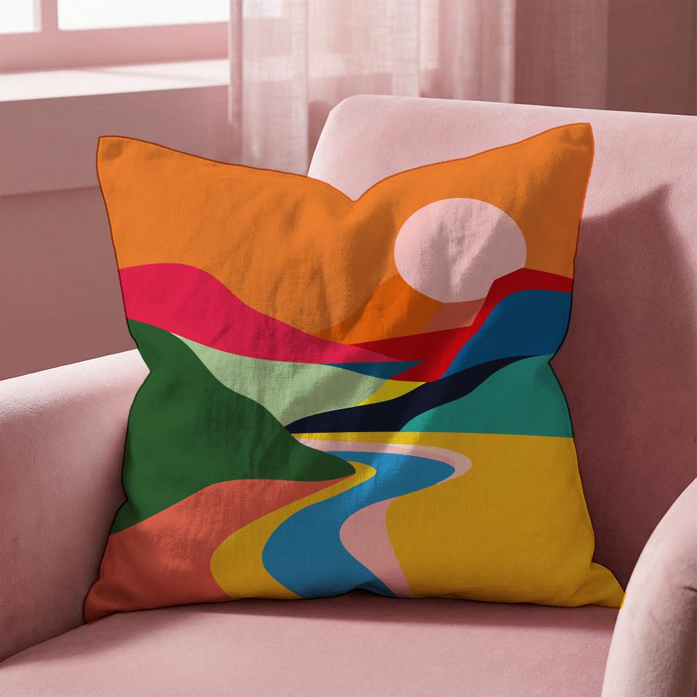 Colorful Geometric Landscape Cushion Cover Multi-Scene Pillow Cover for Home & Car - Reversible, Soft & Durable for Daily Use