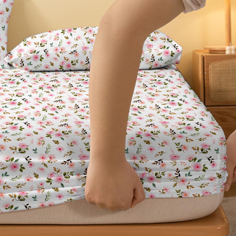 1 Simple Modern Plant Flower  Printed Matte Fitted Sheet, Bedroom Printed Bed Cover, Bedding (Excluding Pillowcases)