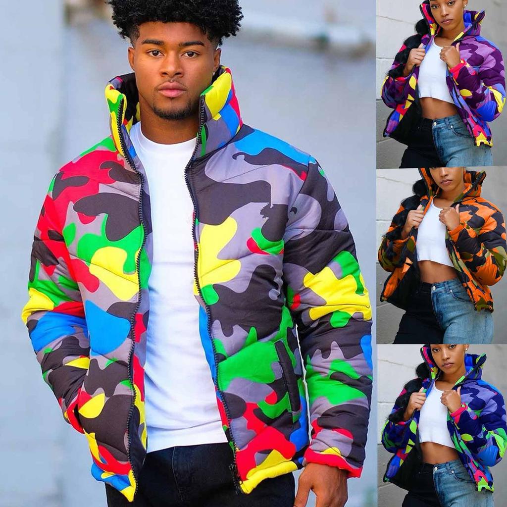 Unisex Long Sleeve Glossy Camouflage Bread Down Jacket Zipper Pockets Coat