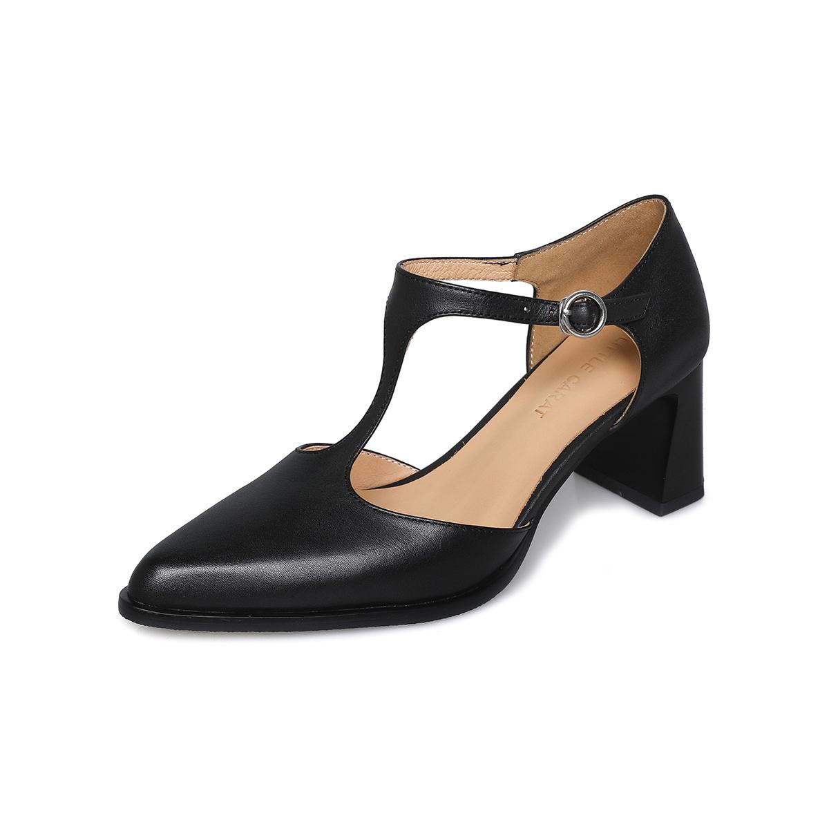 

Fashion 2025 Spring New Women s Cow Leather 6.5cm Thin High Heel T-strap Pumps Elegant Ladies Hollow-out Daily Dress Heeled Shoes Woman 34 чёрный