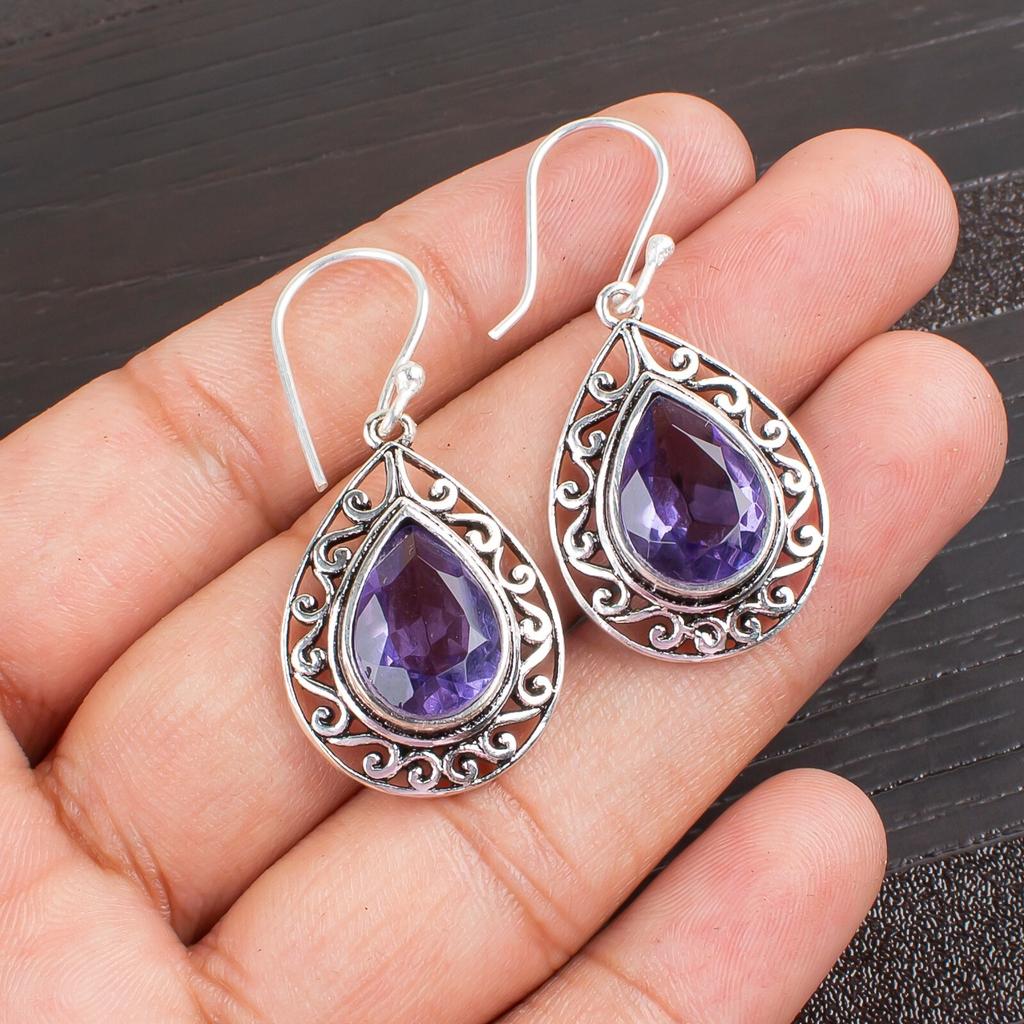 Natural Iolite Gemstone 925 Sterling Silver Jewelry Handmade Hook Earrings 1.72" CE-4-7